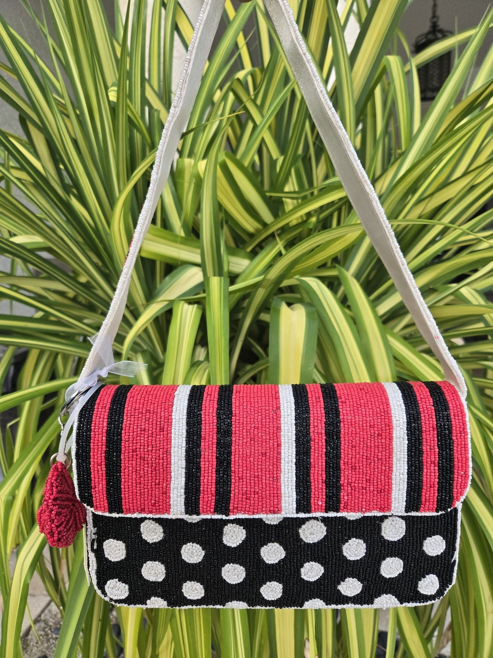 🐞Viral Beaded Summer Purse- Red & Black Polka Dot Striped Shoulder Bag & Charm